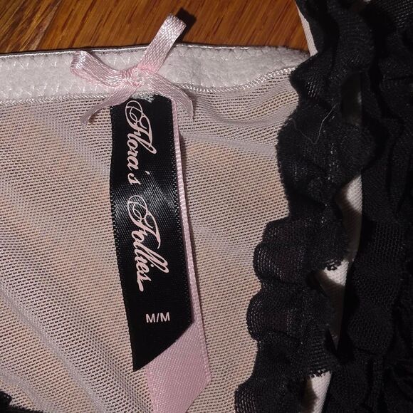 Flora's Follies Black & White Ruffled Sheer Babydoll Lingerie Chemis - Picture 4 of 4